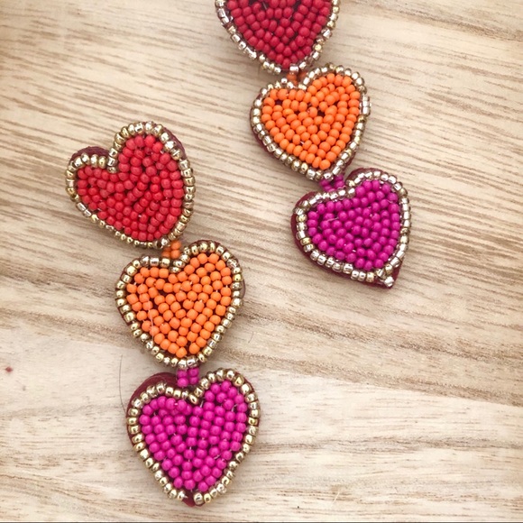 New! Beaded Heart Earrings Red Orange Pink - Picture 3 of 8
